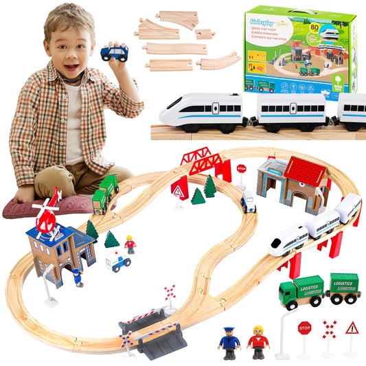 Kinderplay Set tren din lemn, 80 piese, 378 cm