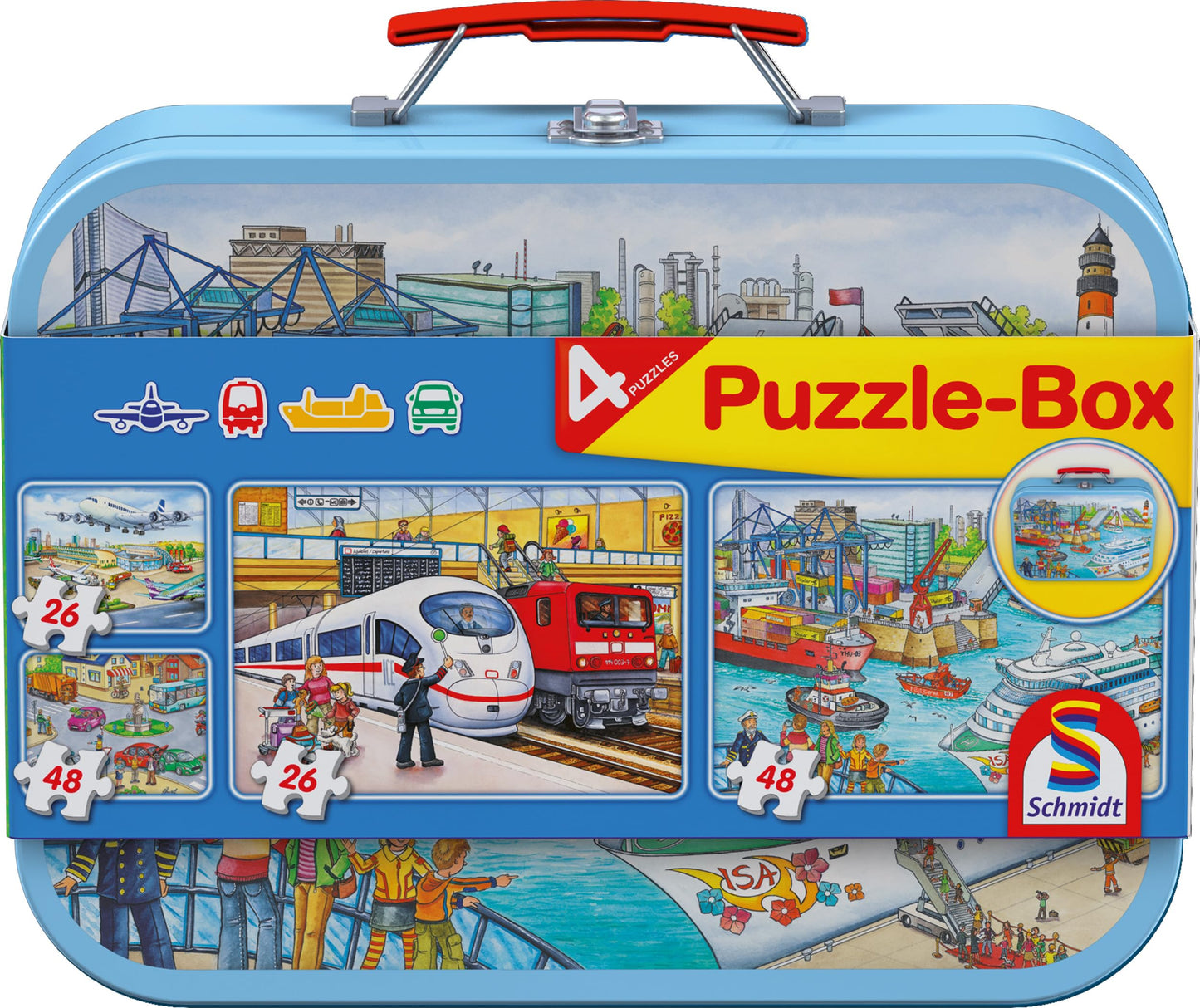 Schmidt Spiele 56508 Vehicule, 4 Puzzle pentru copii în cutie metalică, 2x26 și 2x48 piese