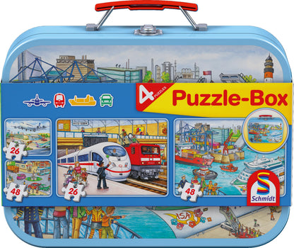 Schmidt Spiele 56508 Vehicule, 4 Puzzle pentru copii în cutie metalică, 2x26 și 2x48 piese