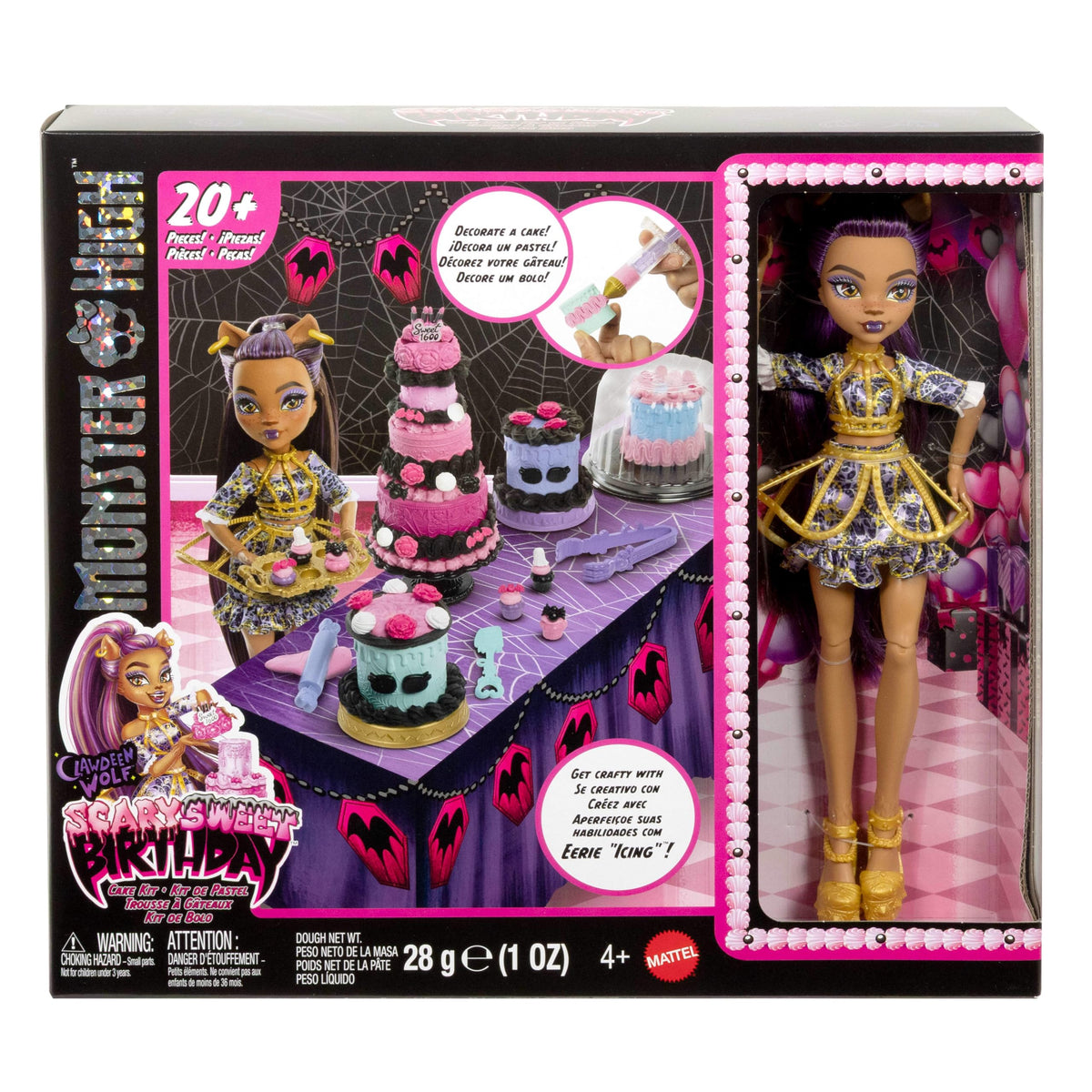 Monster High Scary Sweet Birthday Set de joacă pentru decorat torturi cu păpușă Clawdeen Wolf și peste 20 accesorii