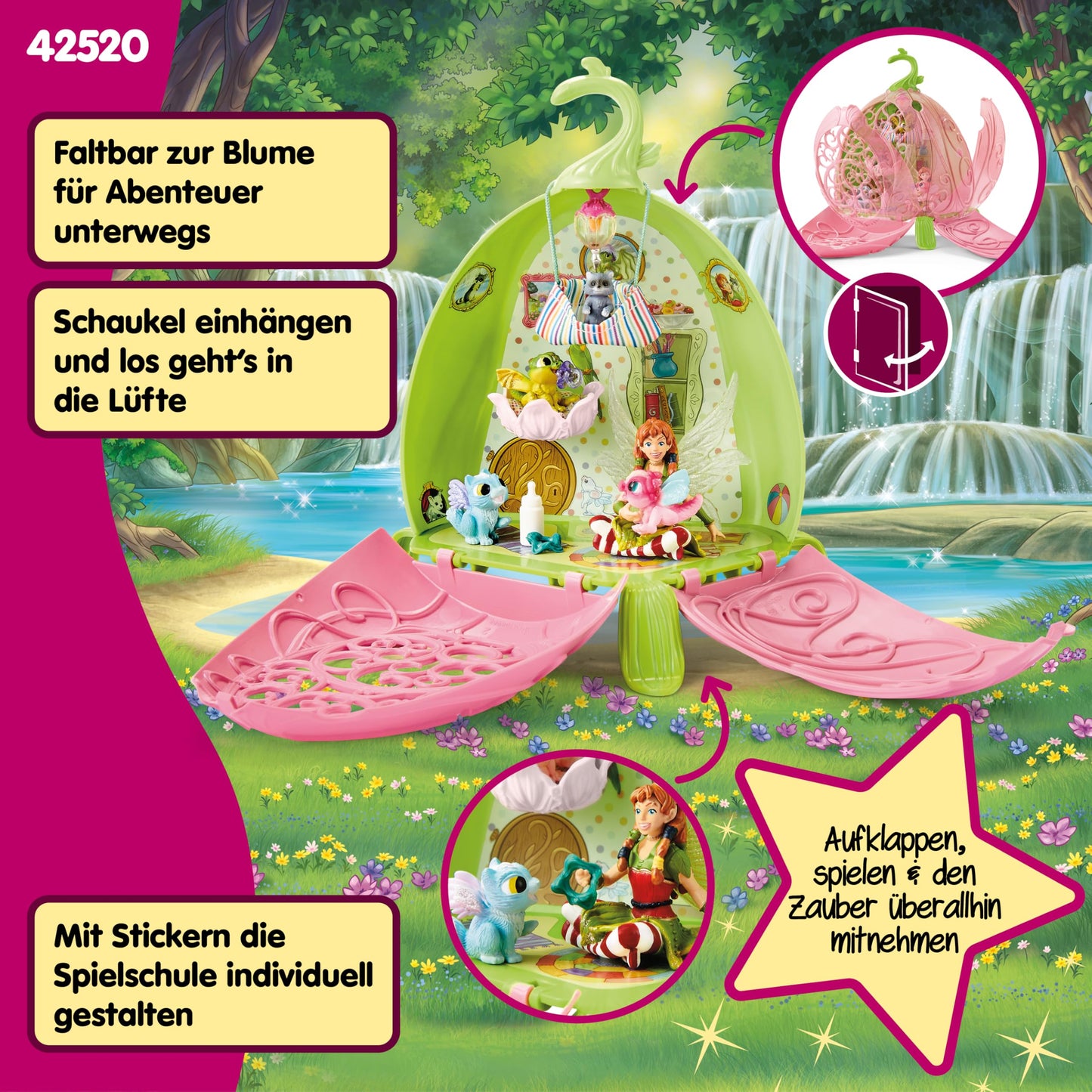 Schleich BAYALA Set de joacă Grădinița animalelor Marween cu elfă, 2 pui de dragon, pisicuță cu aripi și raton, floare pliabilă transportabilă, 19 piese, de la 5 ani