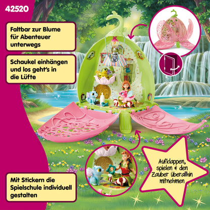 Schleich BAYALA Set de joacă Grădinița animalelor Marween cu elfă, 2 pui de dragon, pisicuță cu aripi și raton, floare pliabilă transportabilă, 19 piese, de la 5 ani
