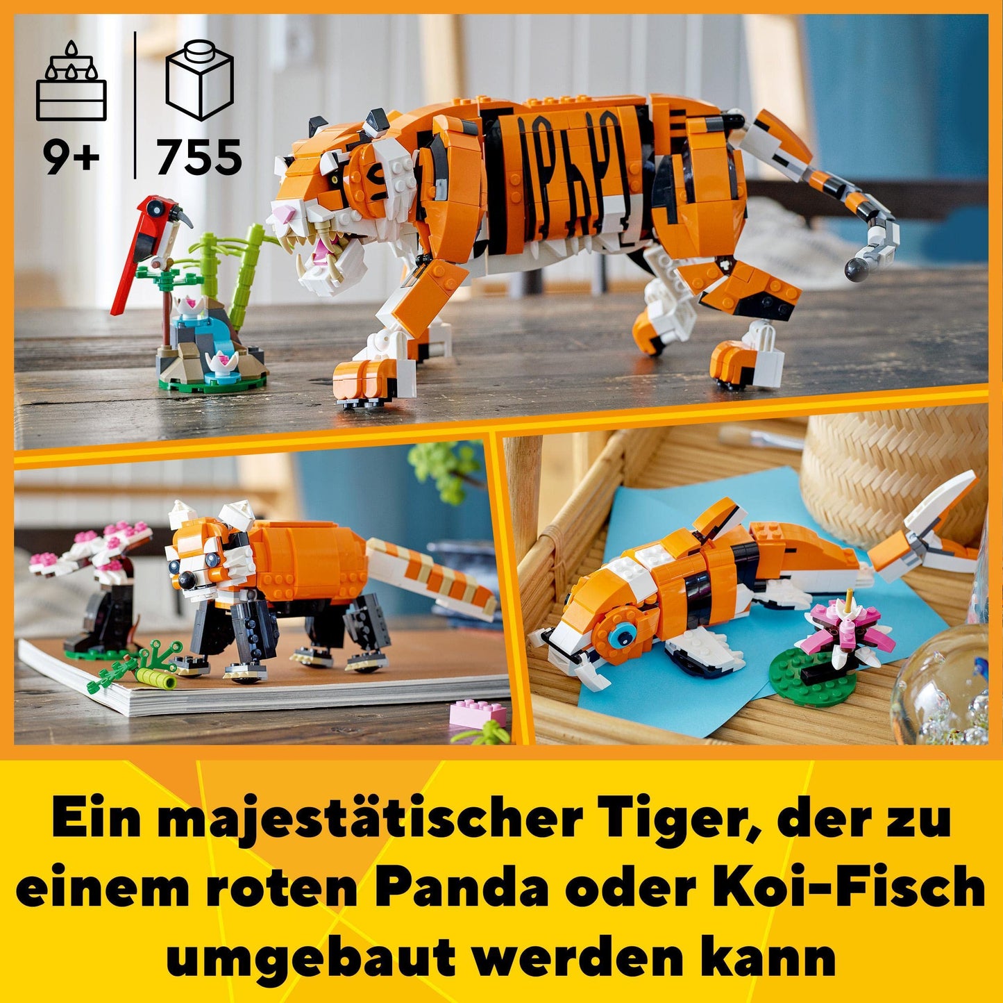 LEGO 31129 Creator Tiger, Panda sau Pește, Set 3-in-1 de Figurine Animale, Jucărie pentru Copii, Băieți și Fete, Jucărie de Construcție cu Animale