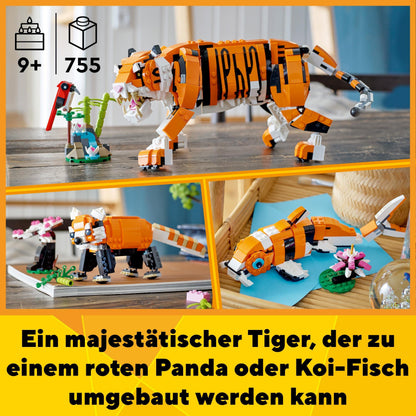 LEGO 31129 Creator Tiger, Panda sau Pește, Set 3-in-1 de Figurine Animale, Jucărie pentru Copii, Băieți și Fete, Jucărie de Construcție cu Animale