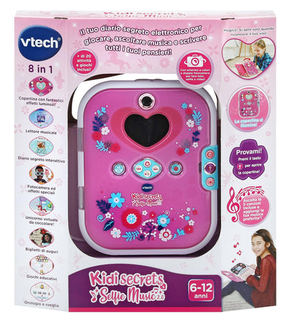 VTech KidiSecrets Selfie Music 2.0 - Jurnal interactiv pentru copii cu dual-camera, MP3, ecran color și tastatură, în limba italiană, cu baterii incluse.