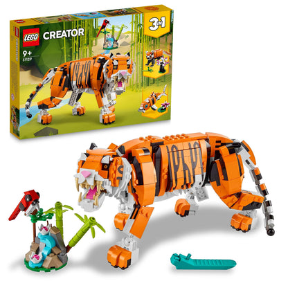LEGO 31129 Creator Tiger, Panda sau Pește, Set 3-in-1 de Figurine Animale, Jucărie pentru Copii, Băieți și Fete, Jucărie de Construcție cu Animale