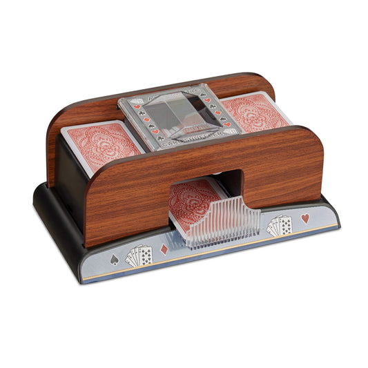 Mixer automat de cărți Relaxdays, 2 seturi de cărți de poker Rommy cu baterii, aspect din lemn, natural, pentru cărți de 8,8 x 6,3 cm.