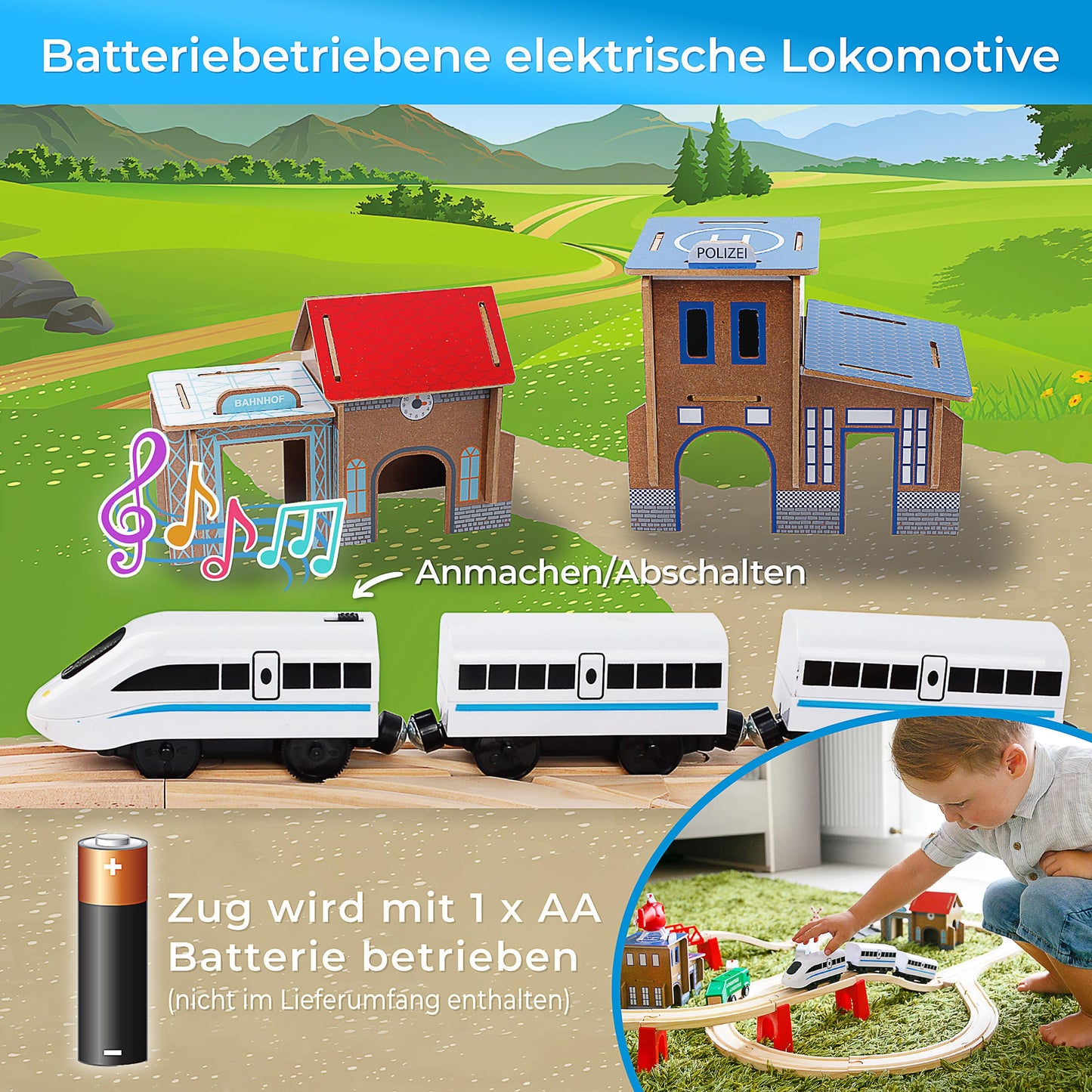 Set de trenuri din lemn Green Series pentru copii - Tren din lemn | Jucărie tren | Stație de poliție, autostradă și set de cale ferată cu pod, 80 piese, 378 cm lungime | Trenuri din lemn | Tren din lemn | Model GS0010