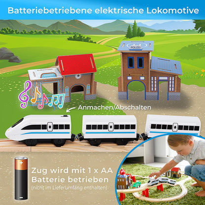 Set de trenuri din lemn Green Series pentru copii - Tren din lemn | Jucărie tren | Stație de poliție, autostradă și set de cale ferată cu pod, 80 piese, 378 cm lungime | Trenuri din lemn | Tren din lemn | Model GS0010
