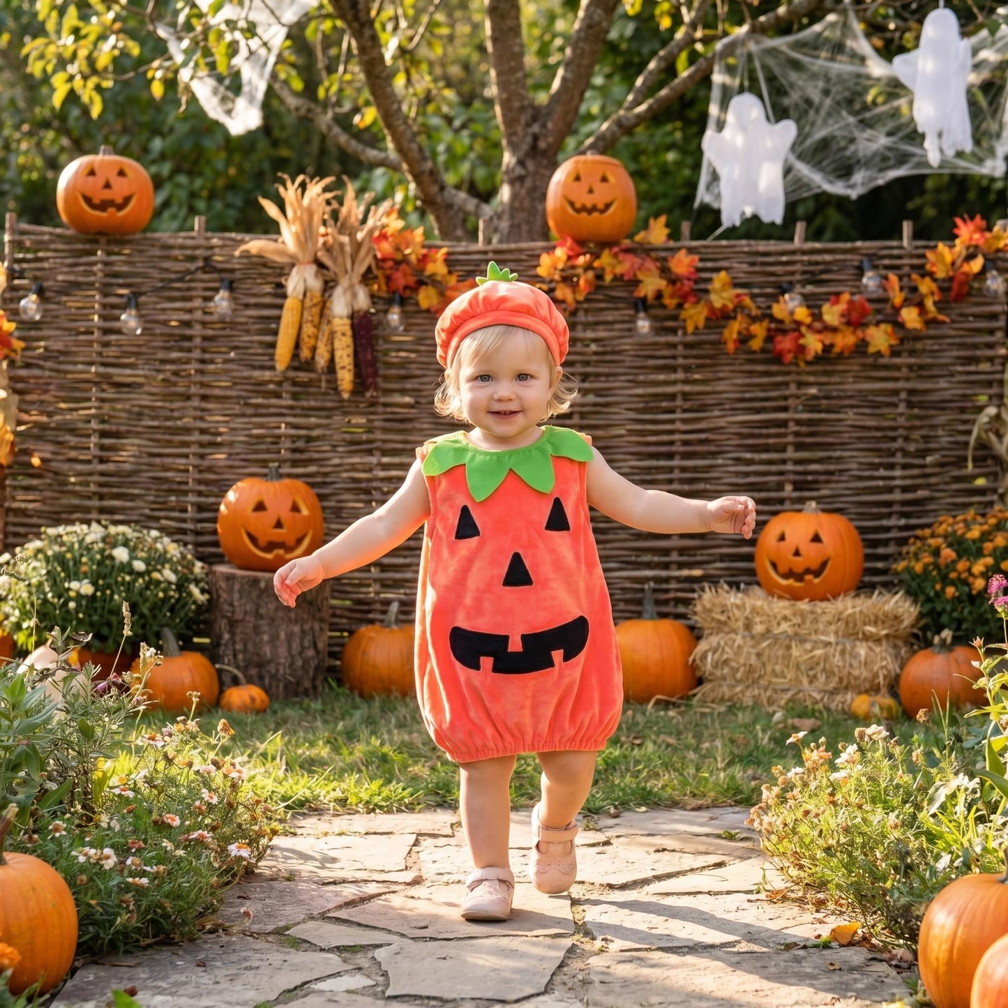 Carolilly Set costum Halloween bebeluși, dovleac, drăguț, pentru băieți și fete, mărime 80 cm, portocaliu
