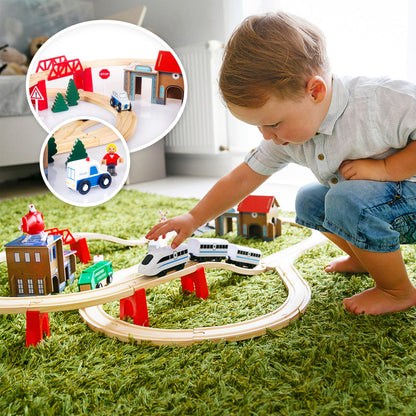 Set de trenuri din lemn Green Series pentru copii - Tren din lemn | Jucărie tren | Stație de poliție, autostradă și set de cale ferată cu pod, 80 piese, 378 cm lungime | Trenuri din lemn | Tren din lemn | Model GS0010