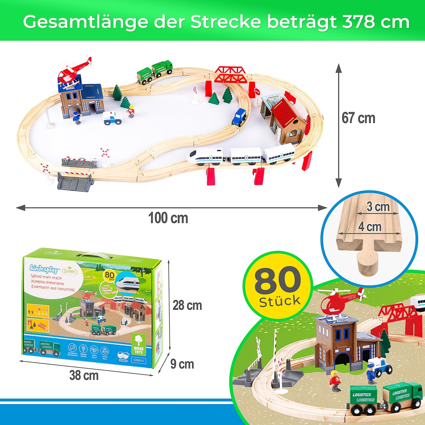 Set de trenuri din lemn Green Series pentru copii - Tren din lemn | Jucărie tren | Stație de poliție, autostradă și set de cale ferată cu pod, 80 piese, 378 cm lungime | Trenuri din lemn | Tren din lemn | Model GS0010