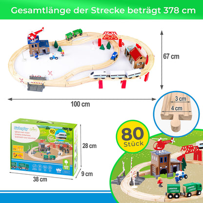 Set de trenuri din lemn Green Series pentru copii - Tren din lemn | Jucărie tren | Stație de poliție, autostradă și set de cale ferată cu pod, 80 piese, 378 cm lungime | Trenuri din lemn | Tren din lemn | Model GS0010