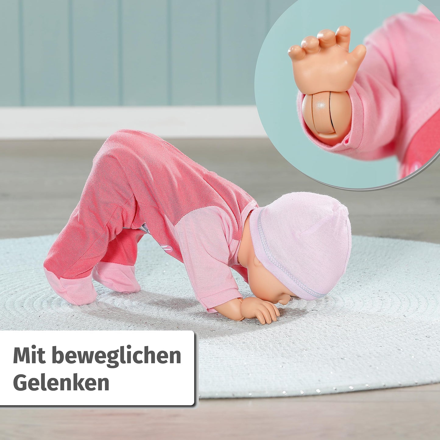 Baby Annabell Emily - Păpușă de mers și târât, 43 cm, cu sunete, salopetă roz și căciuliță, 710623 Zapf Creation