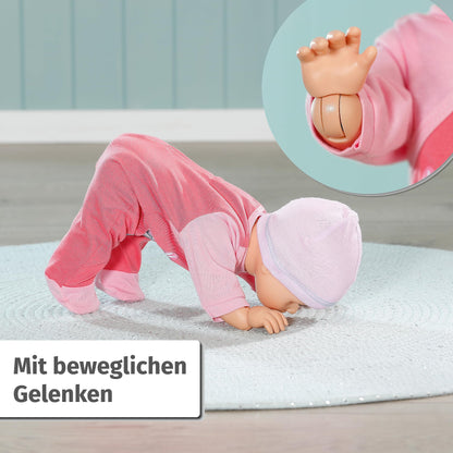 Baby Annabell Emily - Păpușă de mers și târât, 43 cm, cu sunete, salopetă roz și căciuliță, 710623 Zapf Creation