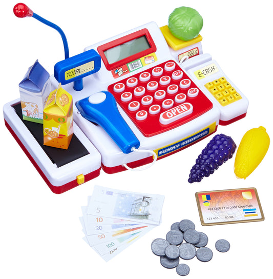 Simba 104525700 - Casă de marcat cu scanner, calculator, bandă de rulare, cititor de carduri, alimente, 16 monede, 13 bancnote, 36 luni - 8 ani