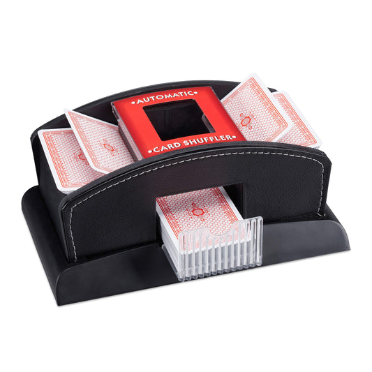 Mischer electric pentru cărți Relaxdays, negru, din piele, pentru 2 pachete, dispozitiv de amestecare cărți, mașină de amestecat cărți, standard, pentru cărți de joc standard (6,3×9,2 cm)