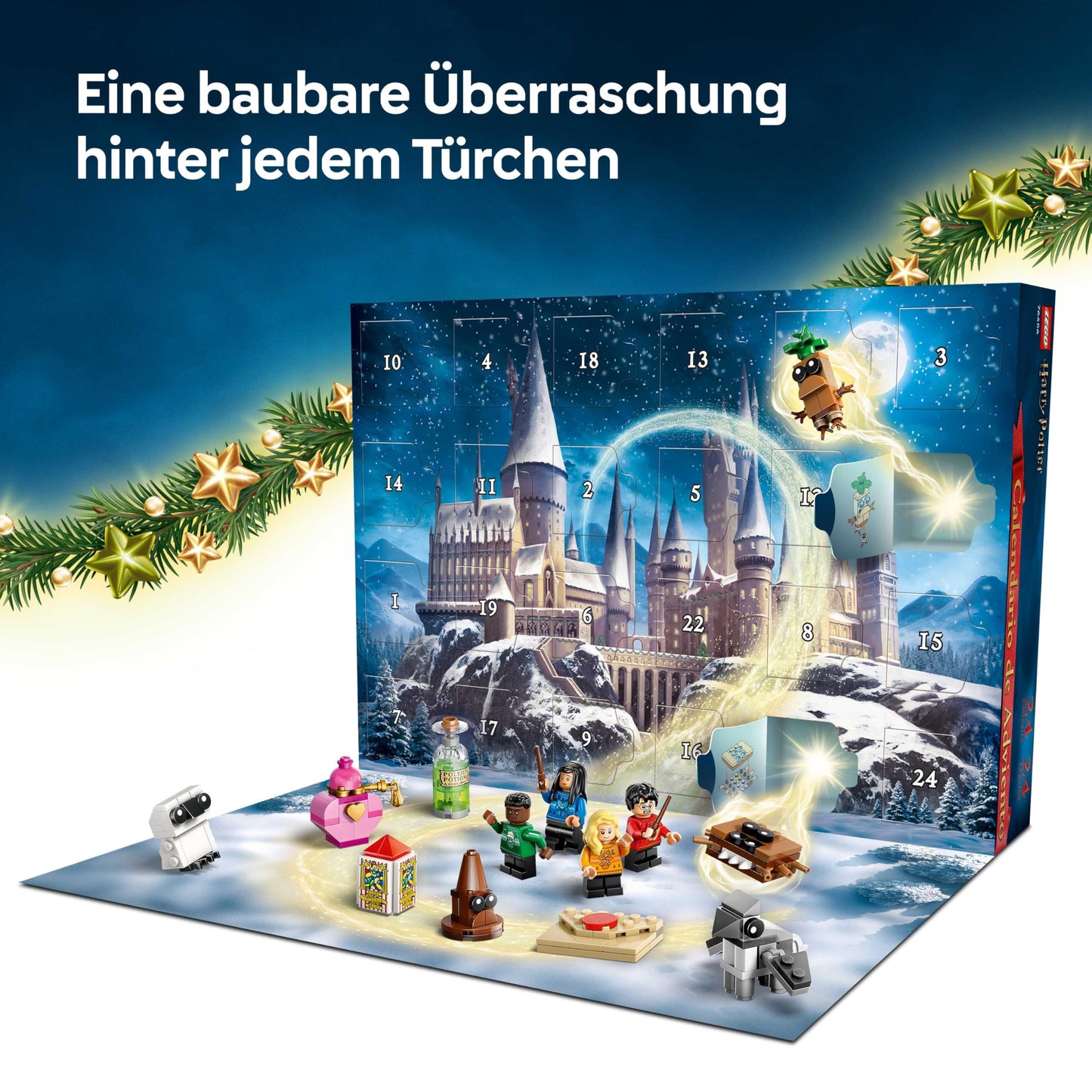 LEGO Harry Potter Adventskalender 2025 Set de construcție cu 278 piese și 8 minifigurine în pulovere festive pentru copii de la 7 ani