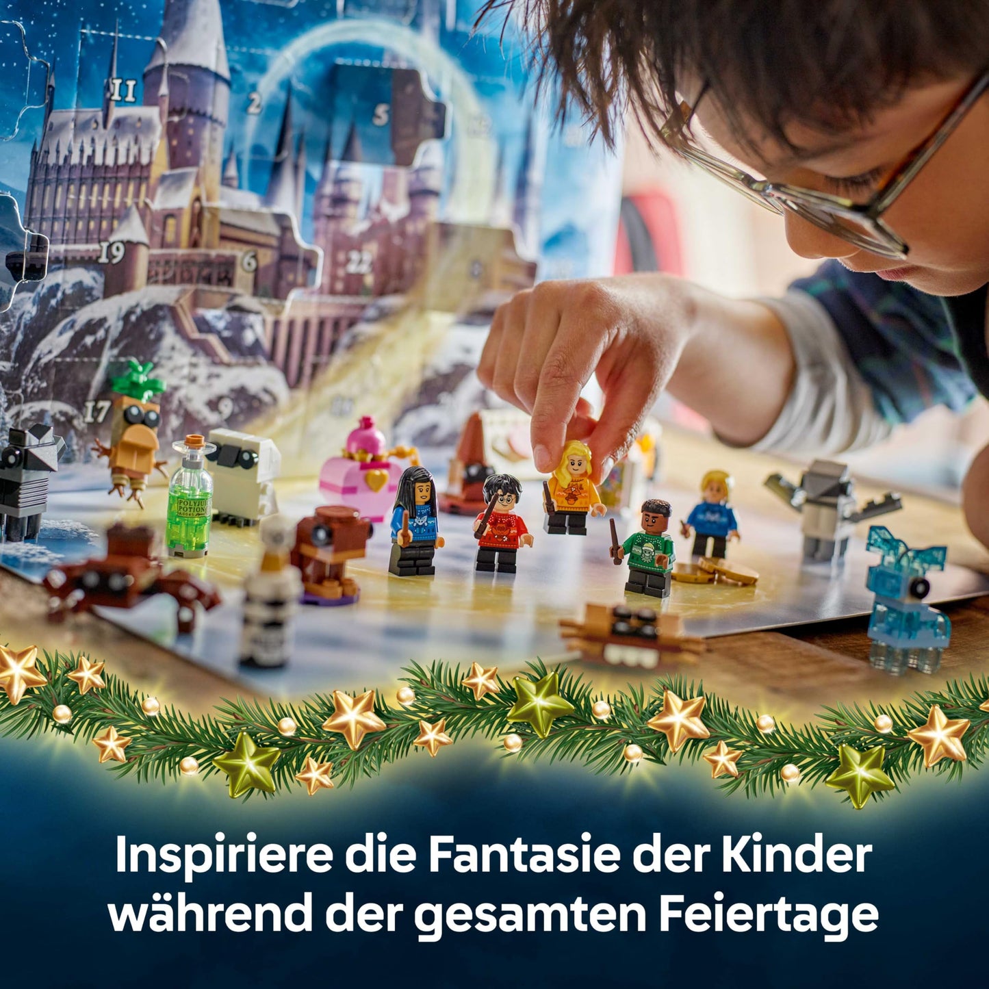 LEGO Harry Potter Adventskalender 2025 Set de construcție cu 278 piese și 8 minifigurine în pulovere festive pentru copii de la 7 ani