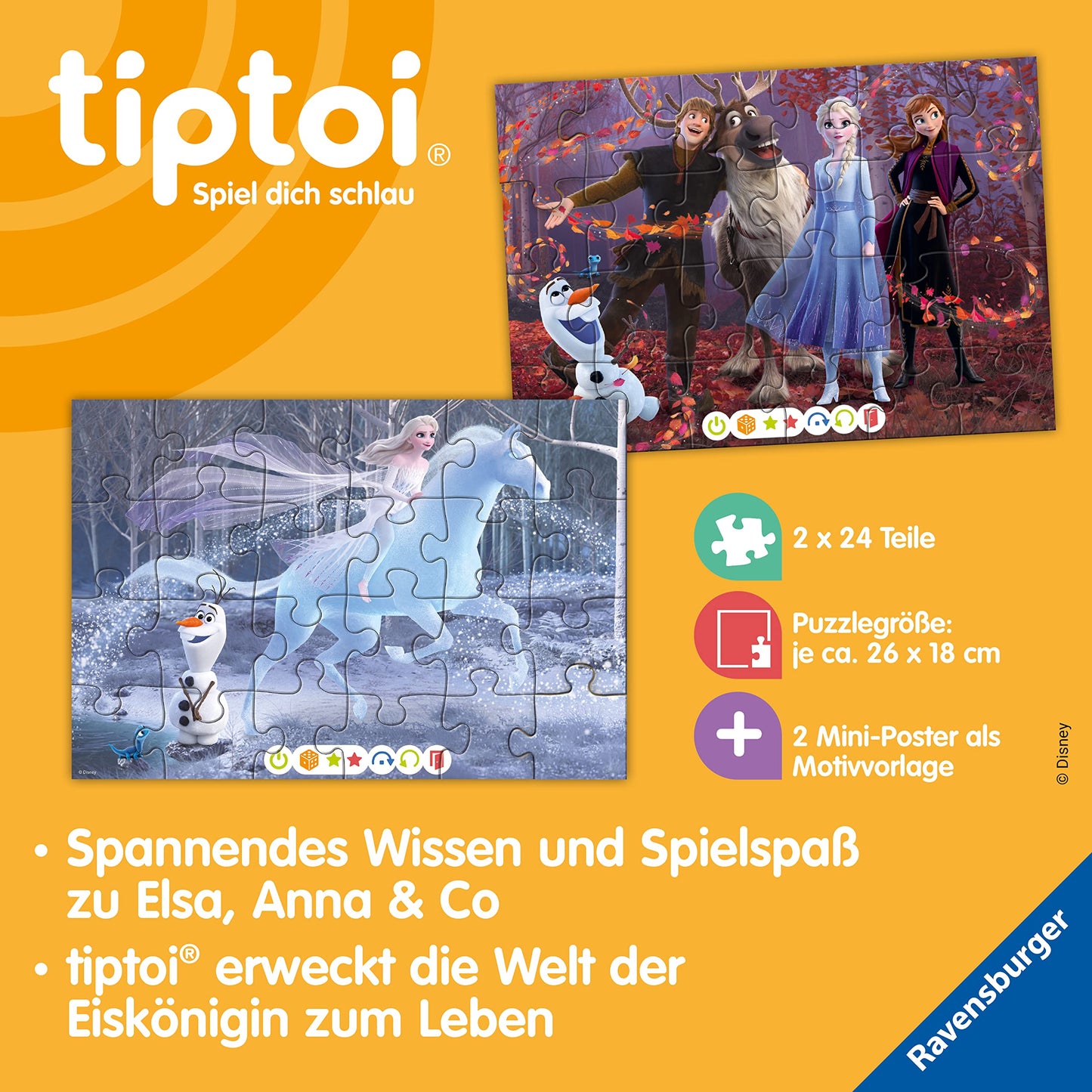 Ravensburger tiptoi Puzzle Regatul de Gheata, 2x24 piese, 4+ ani