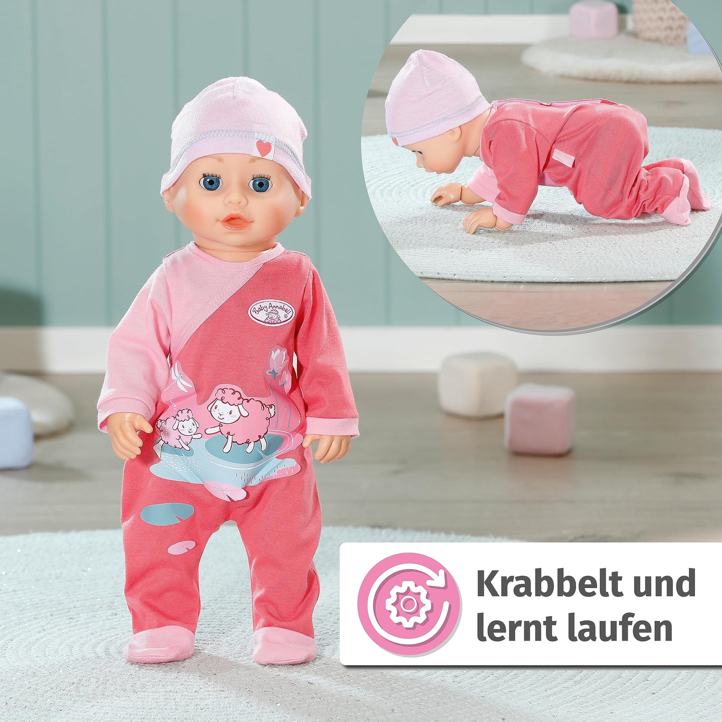 Baby Annabell Emily - Păpușă de mers și târât, 43 cm, cu sunete, salopetă roz și căciuliță, 710623 Zapf Creation