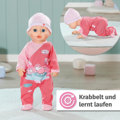 Baby Annabell Emily - Păpușă de mers și târât, 43 cm, cu sunete, salopetă roz și căciuliță, 710623 Zapf Creation