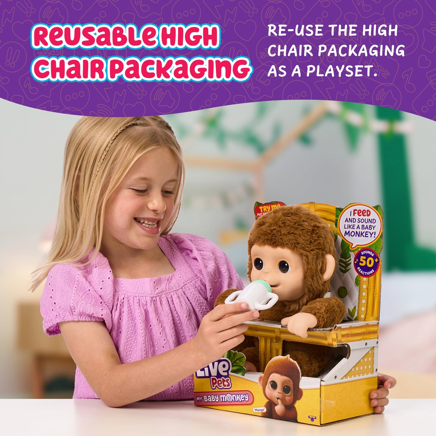 Little Live Pets Baby Monkey Mango, 50+ sunete, 4+ ani